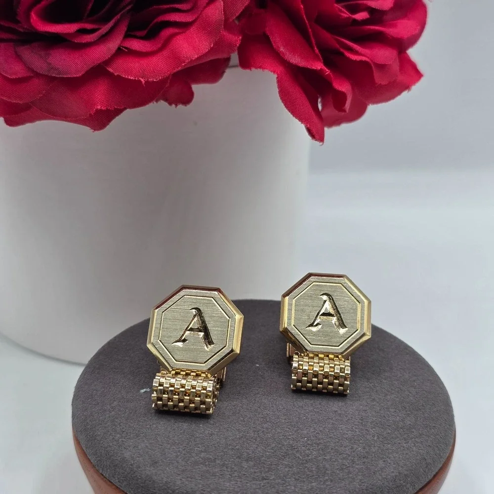Gold Tone Octagon Letter A Cufflinks Mesh Band Chain Link Formal Wear Monogram